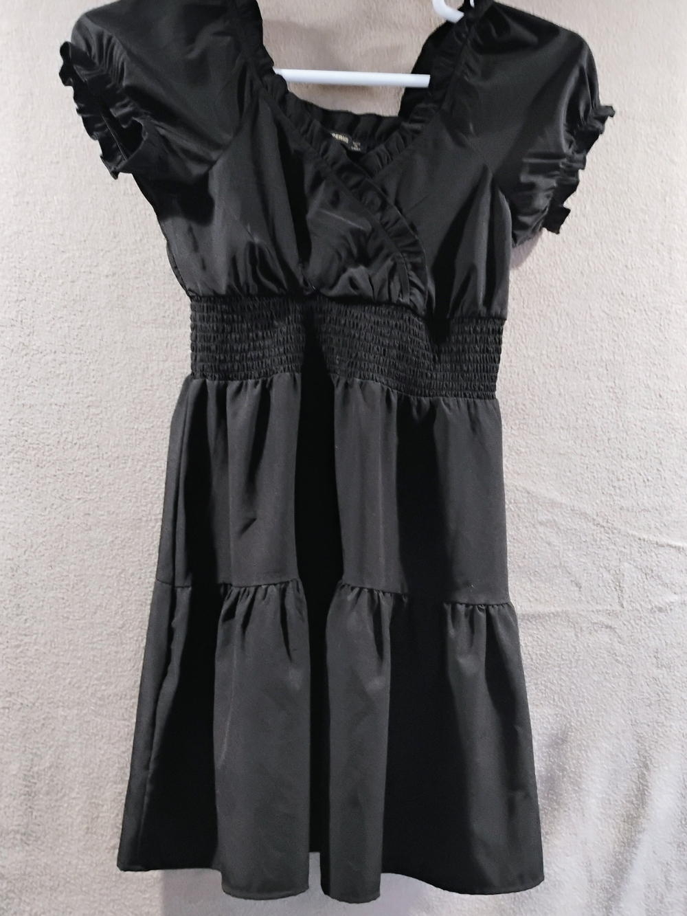 Black Smocked-Waist Tiered Dress with Ruffle Sleeves